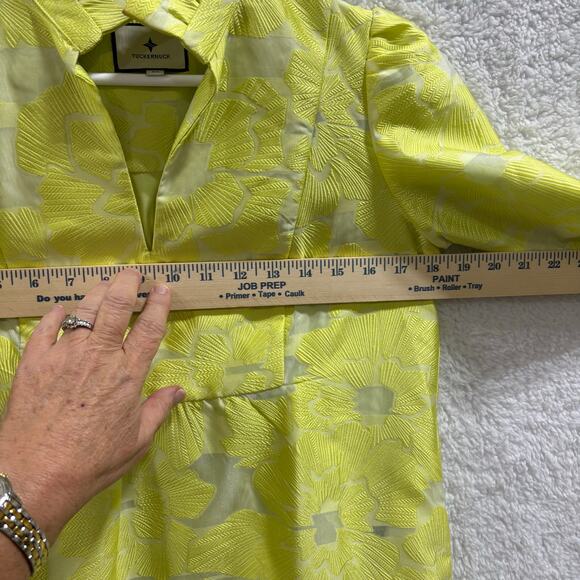 Tuckernuck Jacquard Floral Mini Dress XS Chartreuse Yellow Puff Sleeve Mock Neck - Picture 7 of 9